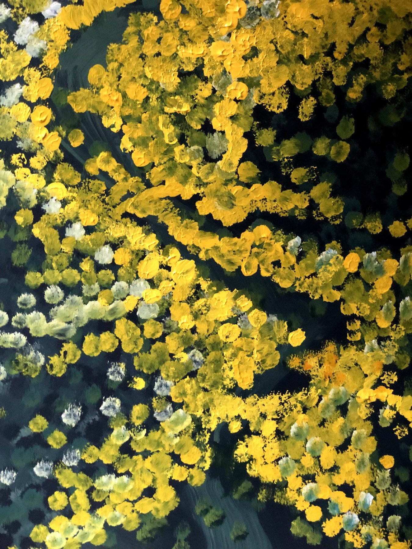 Pointillism art detail highlighting winding paths of bright yellow dots over a deep green surface, by Osmar