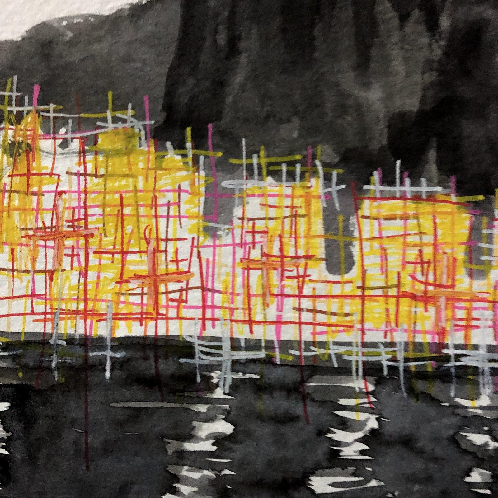 Abstract landscape painting using vertical yellow, white, and red bars to simulate a city skyline, by Osmar