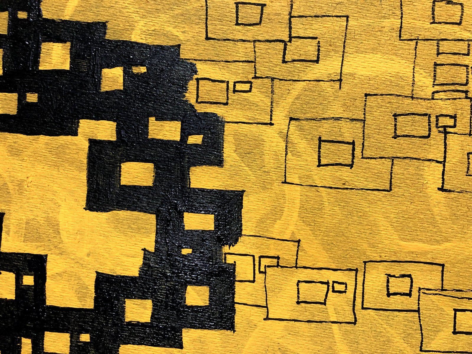 Minimalist graphic art piece showcasing hollow black geometric squares on a golden textured canvas, by Osmar
