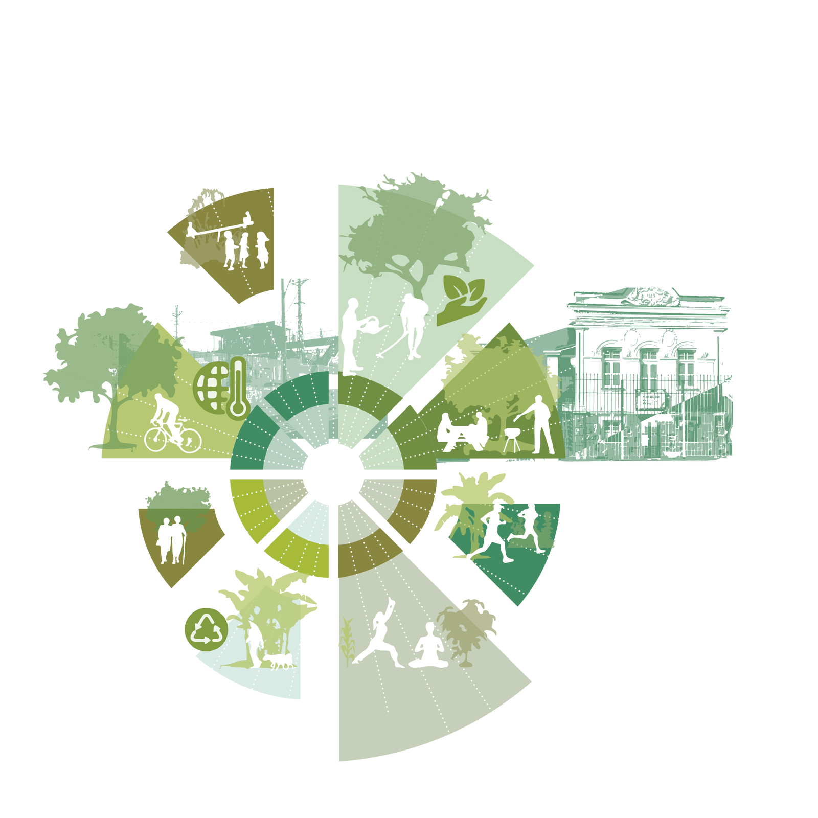 Green circular network diagram surrounded by conceptual illustrations of historic building facades, by Osmar