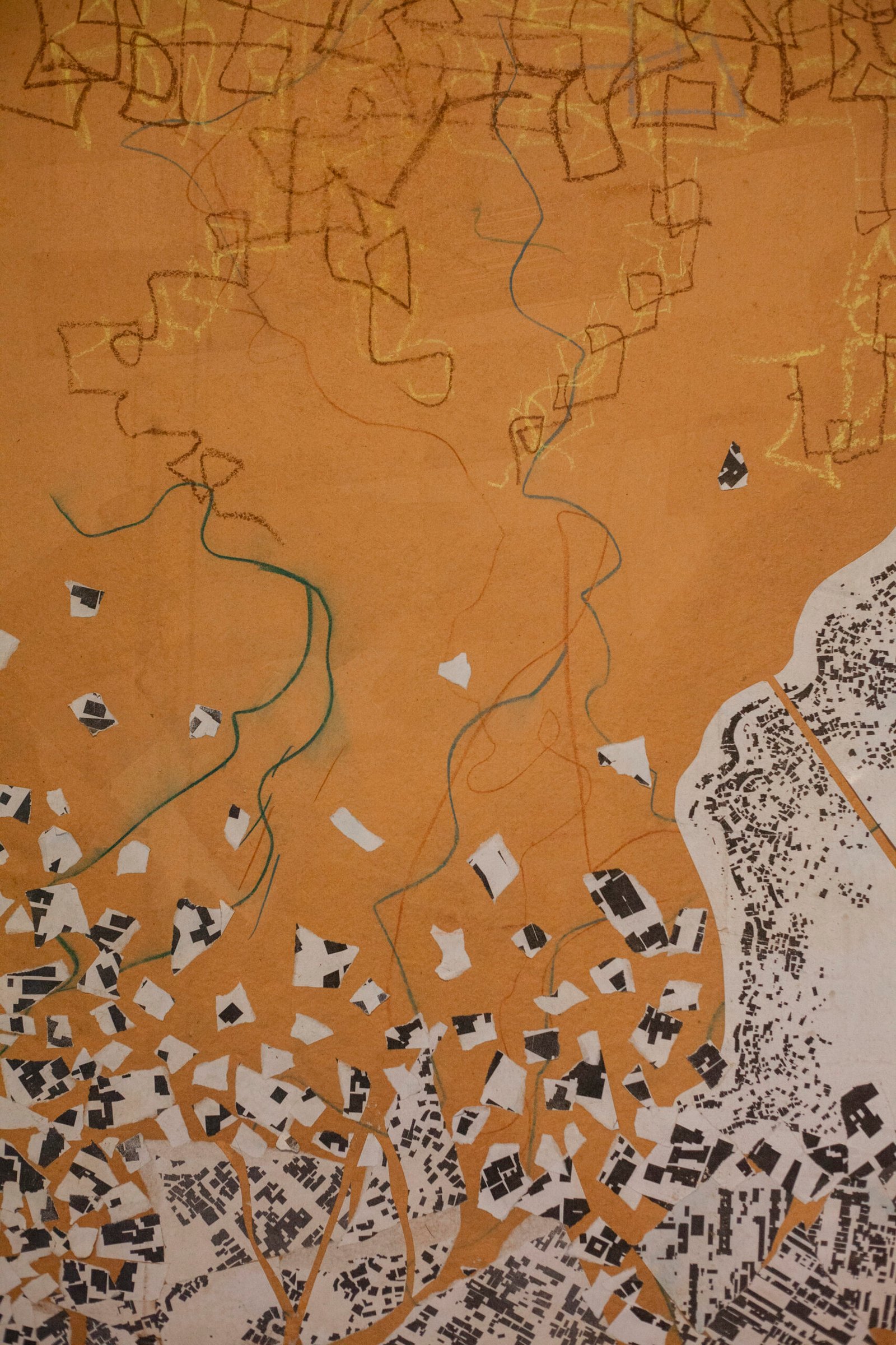 Graphic map artwork showing a golden terrain background intersected by thin green and black geographical lines, by Osmar