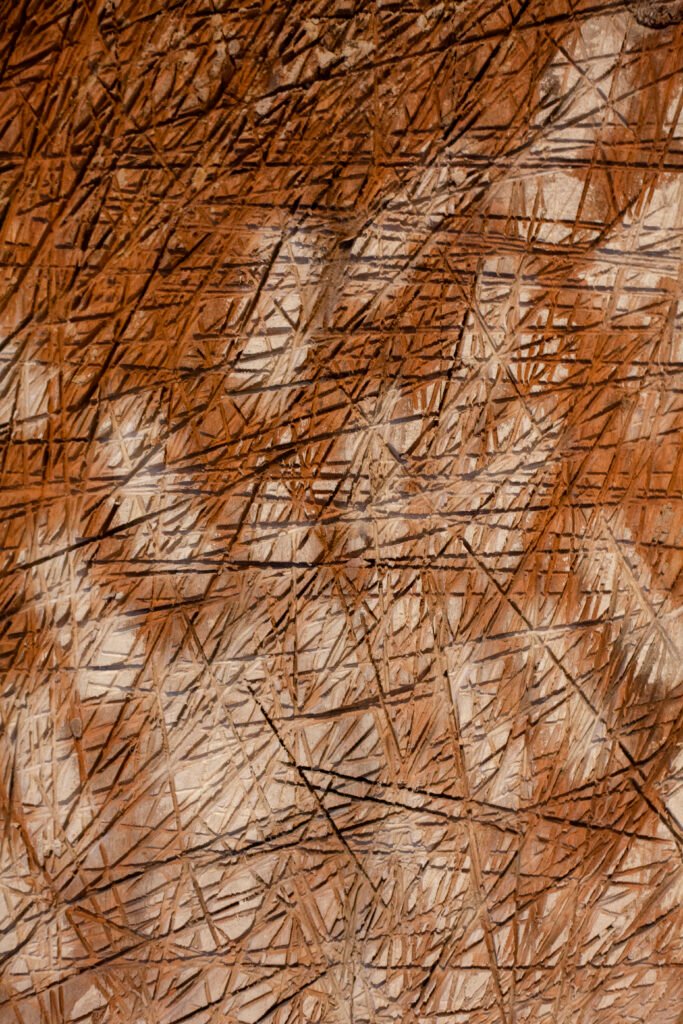 Close-up of a rustic textured panel showing layered vertical scratch-like patterns in warm brown tones, by Osmar