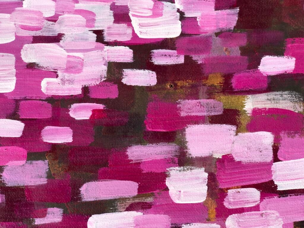Close-up of an abstract canvas covered in rhythmic pink, magenta, and white textured paint blocks, by Osmar
