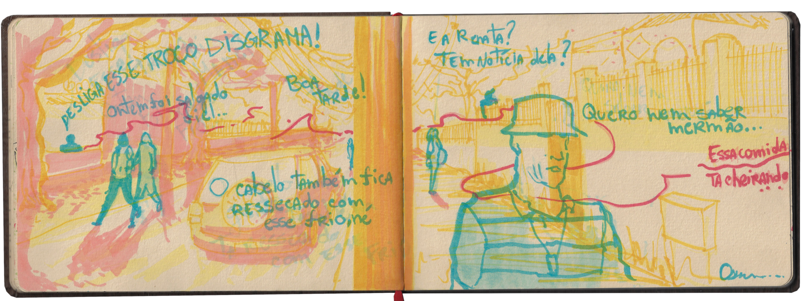 Open horizontal sketchbook display showing colorful watercolor illustrations of landscapes and figures, by Osmar