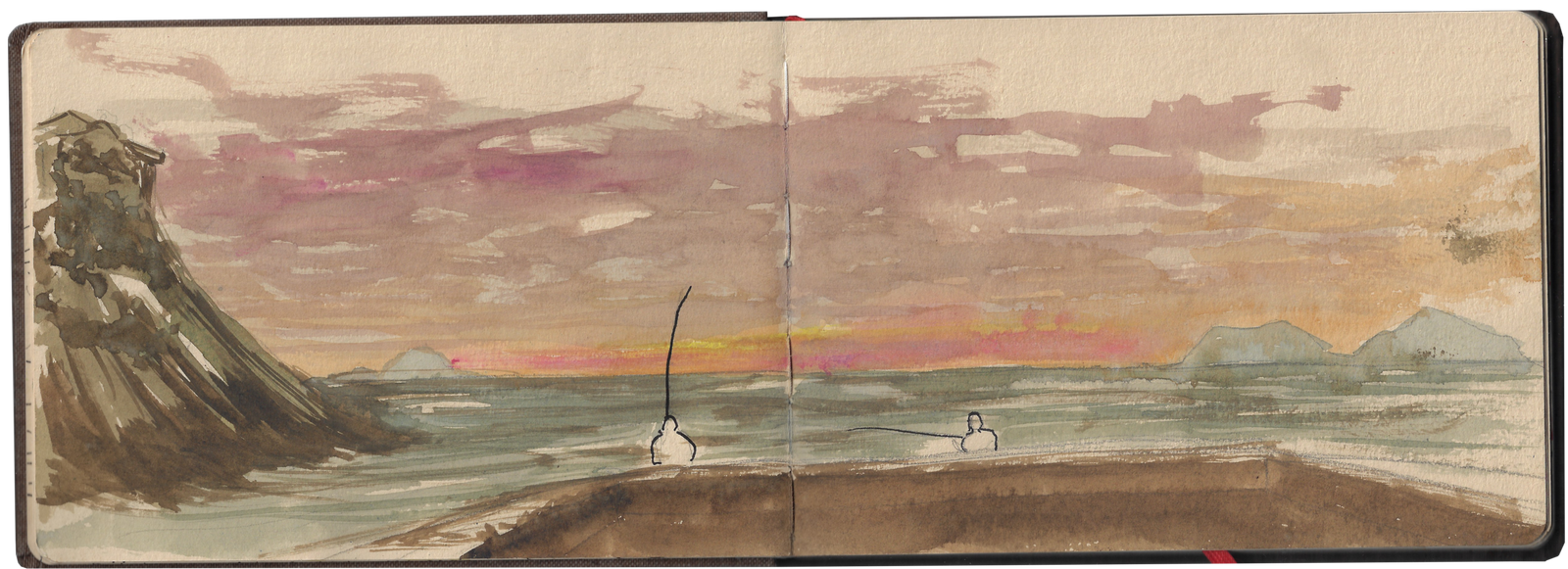 Double-page landscape watercolor showing a soft red and orange horizon over water, by Osmar