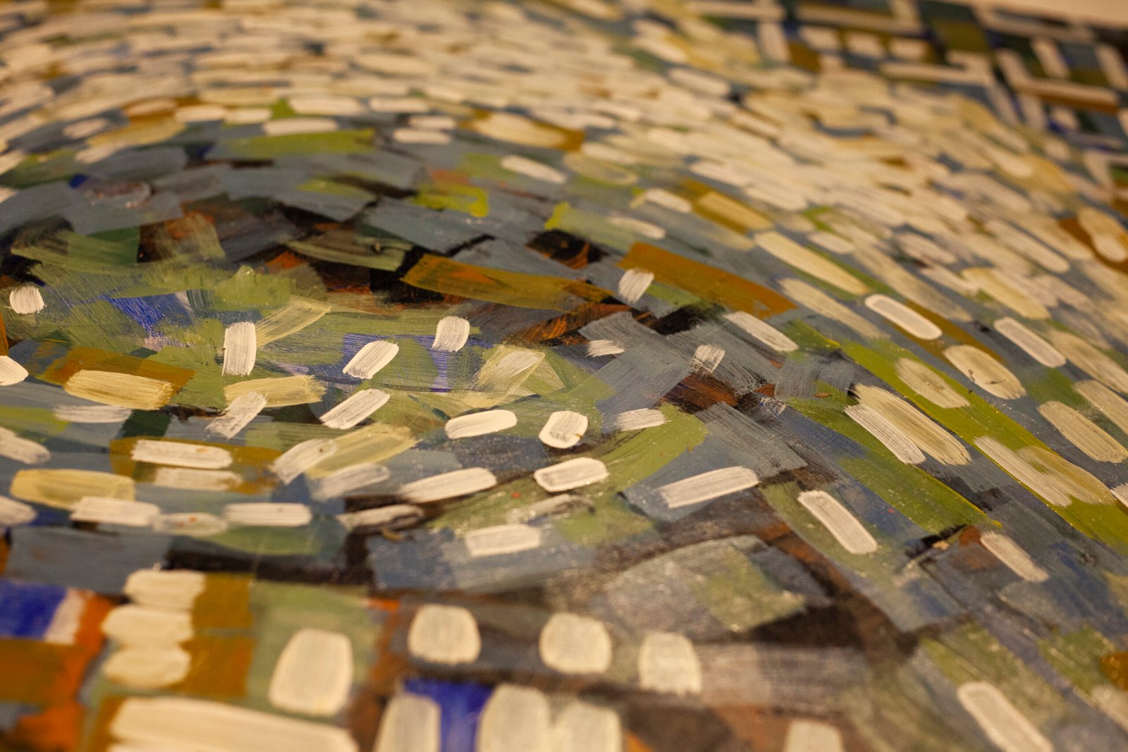 Textured abstract design pairing broad gray lines over vertical blue and yellow paint blocks, by Osmar