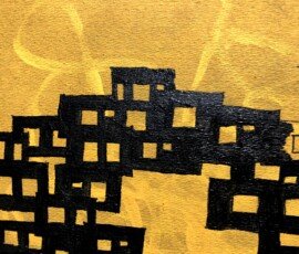 Graphic design layout displaying interlocking dark square shapes over a rich yellow textured field, by Osmar