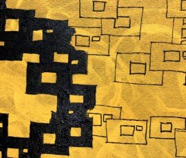 Minimalist graphic art piece showcasing hollow black geometric squares on a golden textured canvas, by Osmar