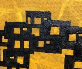 Abstract pattern composed of black square blocks arranged on a vibrant yellow backdrop, artwork by Osmar