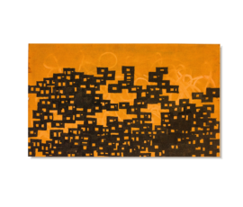 High-contrast graphic poster featuring a dense cluster of black silhouettes over a bold orange background, by Osmar